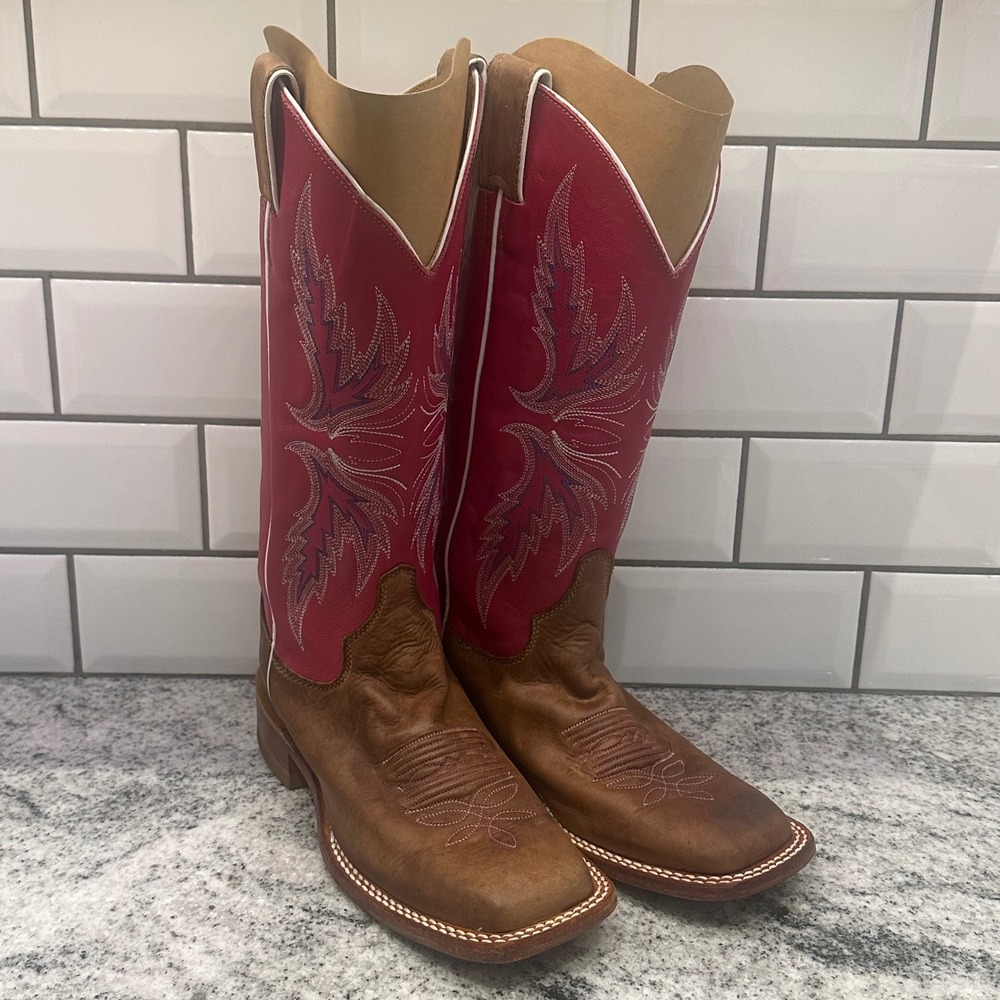 Justin Womens 6.5 B Cowboy Boots Brown Pink BRL311 Square Toe Western Rodeo